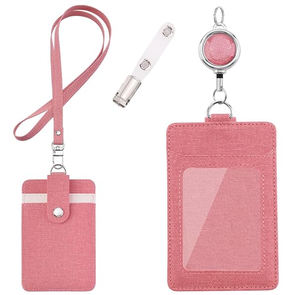 IDカードホルダー - 横型&縦型 IDカードケース ネームホルダー 両面用 名札 パスケース 胸ポケットクリップ&伸縮リール式 クリップストラップ付き（縦型ピンク）