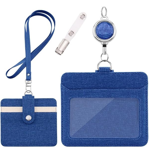 IDカードホルダー - 横型&縦型 IDカードケース ネームホルダー 両面用 名札 パスケース 胸ポケットクリップ&伸縮リール式 クリップストラップ付き（横型ブルー）