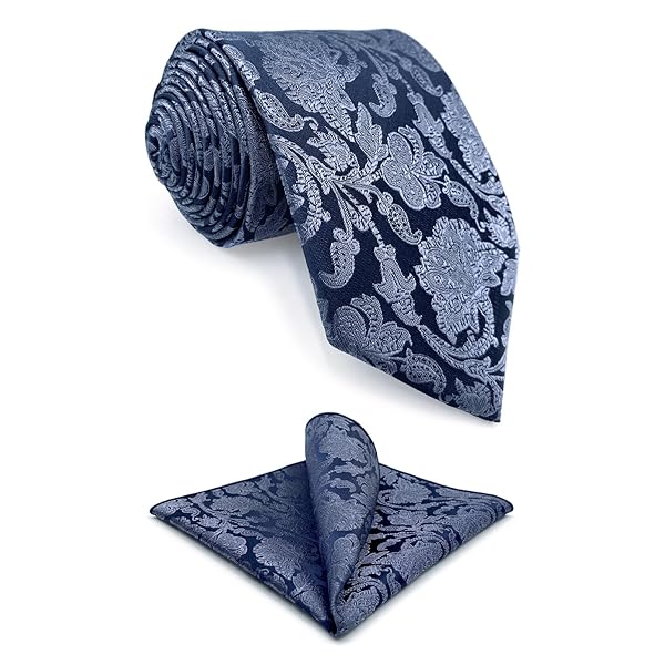 男性用ネクタイ スチールブルー スペースブルー 花柄とポケットチーフセット サテン クラシック サイズ 147cm×8cm