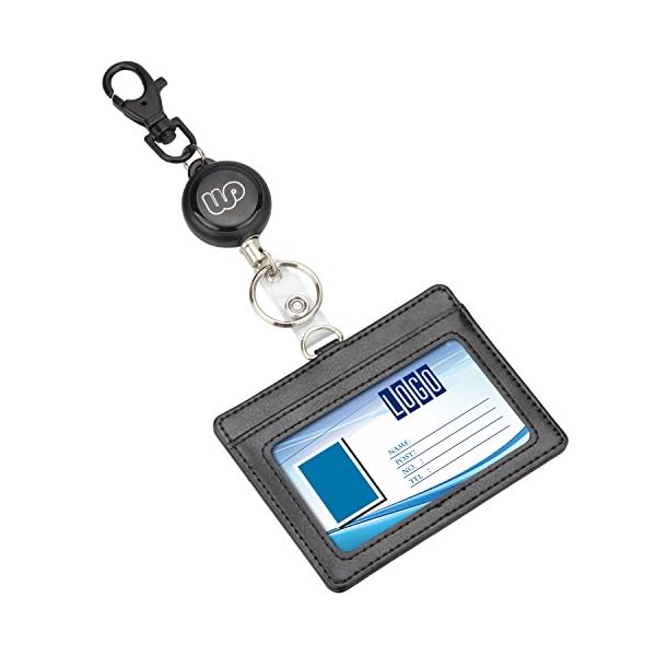 パスケース 定期入れ リール付き 横 IDカードホルダー 社員証/名札ケース ネームホルダー 伸縮可能 両面収納 薄型 PUレザー ブラック