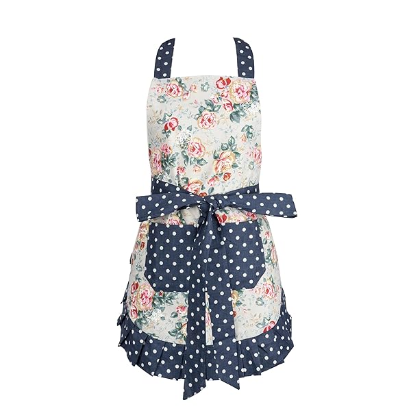 Kathy］レトロ花柄ママ&キッズ親子エプロン 女性用かわいいドレス型エプロン ドット柄 家庭用 家事料理キッチン グレー