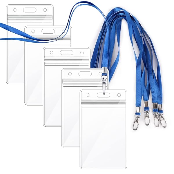 【idカードホルダー】 ネームホルダー 名札 5枚入れ 縦型 青い 吊り下げ名札 社員証 透明色名札ケース カードホルダー 首掛け 両面用 ネックストラップ カード 通学通勤 社員証 名刺 展示会 イベント用 パスケースpvc製 防水機能(4)