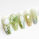 手作り ネイルチップ ミディアム ロング バレリーナ 緑 グリーン 蝶 花 人気 3D おしゃれ 可愛い デザイン つけ爪 付け爪 収納ボックス付き 10枚入 (XS, #09 ナチュラルグリーン)