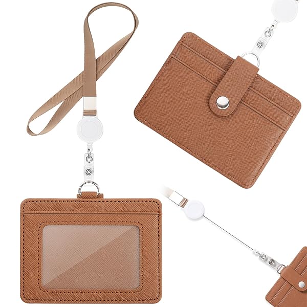IDカードホルダー 横型 伸縮リール式ストラップ付き 首掛け 定期入れ パスケース 小銭入れ付き 3枚収納 両面用 男女兼用 (ブラウン)