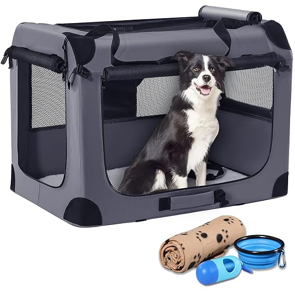 ソフト折りたたみ式犬用クレート 頑丈耐久81x58x58cmセンチメートルポータブル旅行犬クレート 柔らかい毛布、ドッグボウルとうんち袋と犬のエンクロージャ 中型犬用 屋内と屋外の使用