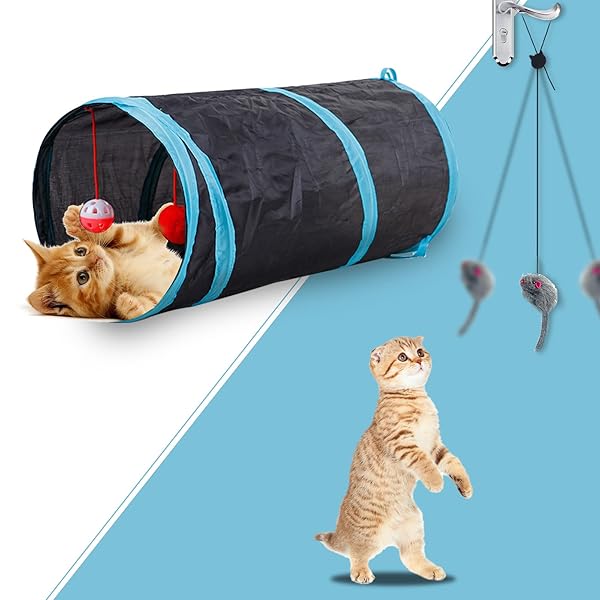 猫トンネル， 2穴付き猫トンネル折りたたみ可能水洗いキャットトンネル長いトンネル猫遊びペットおもちゃ (ブラック)