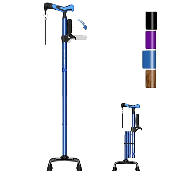 直 新バンブーステッキ 自立式 伸縮式 4点杖 補助グリップ 長さ調節可能 多点杖 ステッキ 高齢者 リハ..