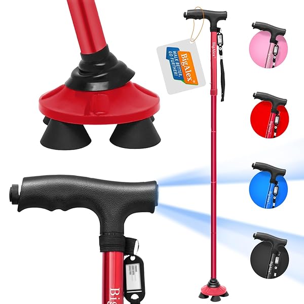 ビグアレクス（）ステッキ 杖 折りたたみ杖 4本足 自立式 4点杖 男性用と女性用 LED ライト 折り畳み杖..