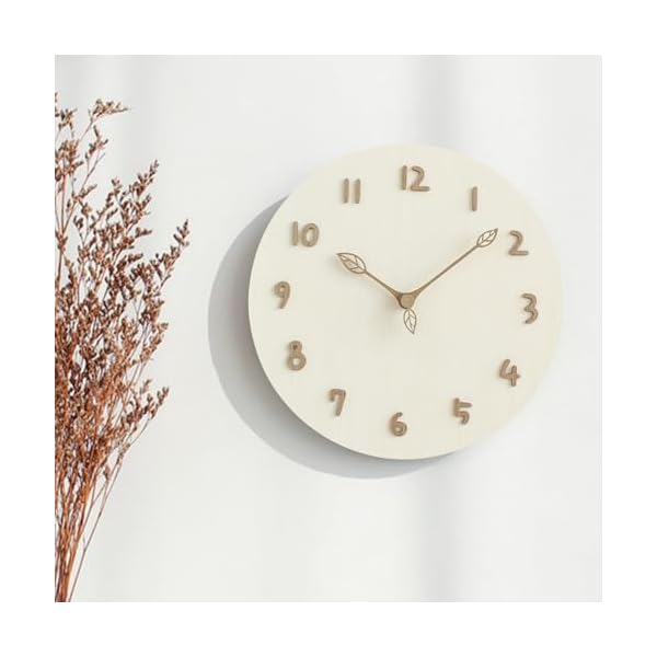 壁掛け時計 原木風 木質 円形 静音 石英 時計枠なしデザイン 3d立体数字 かわいい 木の葉針 見やすいファッション 12インチ 直径30CM 北欧インテリア 新居引越し 人気祝日プレゼント (薄い木の色)