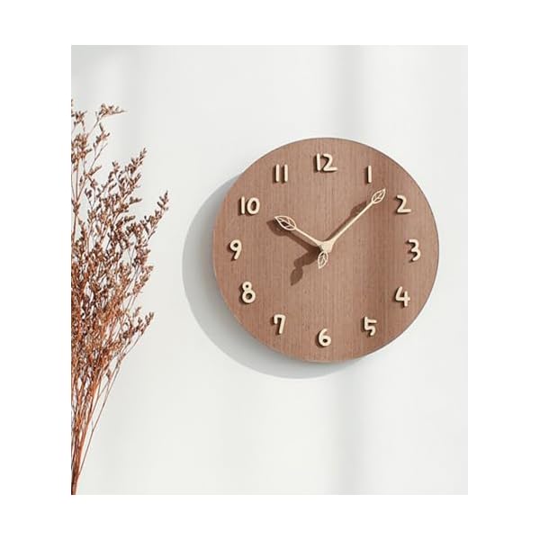 壁掛け時計 原木風 木質 円形 静音 石英 時計枠なしデザイン 3d立体数字 かわいい 木の葉針 見やすいファッション 12インチ 直径30CM 北欧インテリア 新居引越し 人気祝日プレゼント (茶色)