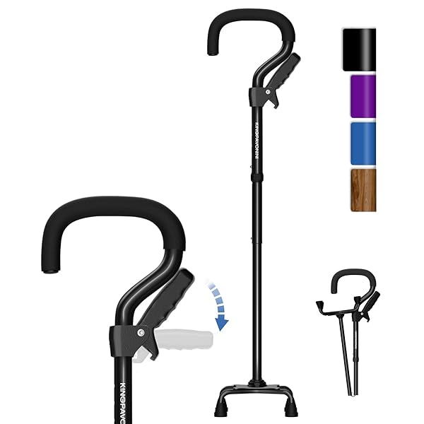 KingPavonin 4点杖 介護用 折り畳み式 補助グリップ 自立式 伸縮式 5段階の高さ調節可能 多点杖 ステッ..