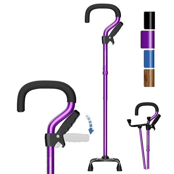 KingPavonin 4点杖 介護用 折り畳み式 補助グリップ 自立式 伸縮式 5段階の高さ調節可能 多点杖 ステッ..