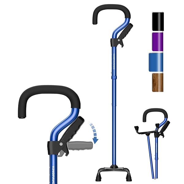 KingPavonin 4点杖 介護用 折り畳み式 補助グリップ 自立式 伸縮式 5段階の高さ調節可能 多点杖 ステッ..