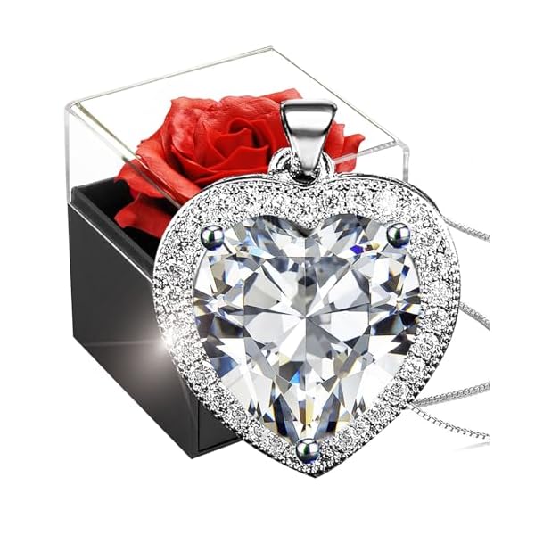 ホワイトバースストーンチェーンシルバー925と永遠のレッドローズ、レディースクリスタルハートネック..