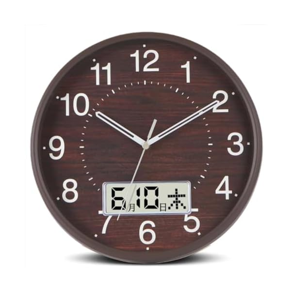 掛け時計 電波時計 静音 連続秒針 直径35cm 大型液晶 日付 曜日表示 ブラウン DBKF-4837