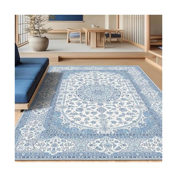 大きい ラグマット 160×230cm 洗える ペルシャ風 花柄 ブルー 長方形 防音 ふわふわ 滑り止め付き 床保護 リビング ダイニングマット オールシーズン適用 薄手 軽量 インテリア おしゃれ