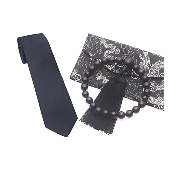 LEOBEE 数珠 念珠 縞黒檀(艶消) 黒ネクタイ 葬式 セットマグネット式数珠袋 礼装 フォーマル