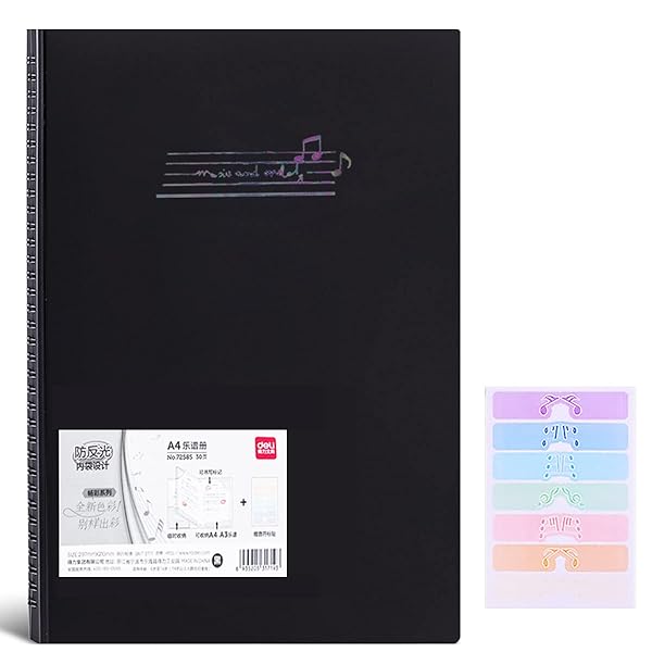 楽譜ファイル A3/A4サイズ楽譜ファイル互換 書き込みでき 楽譜/絵画ファイル 保管や整理 180°～360°フリップ楽譜 A3横入れ 音楽モチーフラベル付き… (20ページ/40枚の楽譜, 黒)