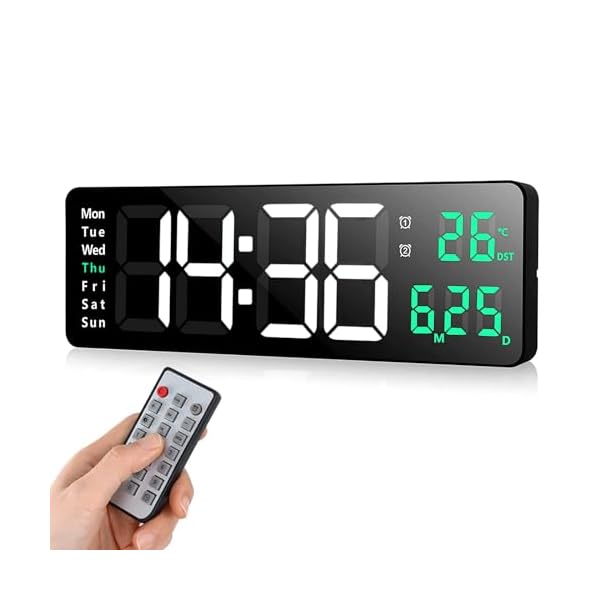 デジタル時計 大型 壁掛け 16.2インチ大画面 置き掛け兼用 目覚まし時計 大文字 明るさ調節 気温/日付表示 アラーム カウントダウン カウントアップ ストップウォッチ リモコン付き USB給電 自動輝度調光時計 リビングルーム/キッチン/ガレー