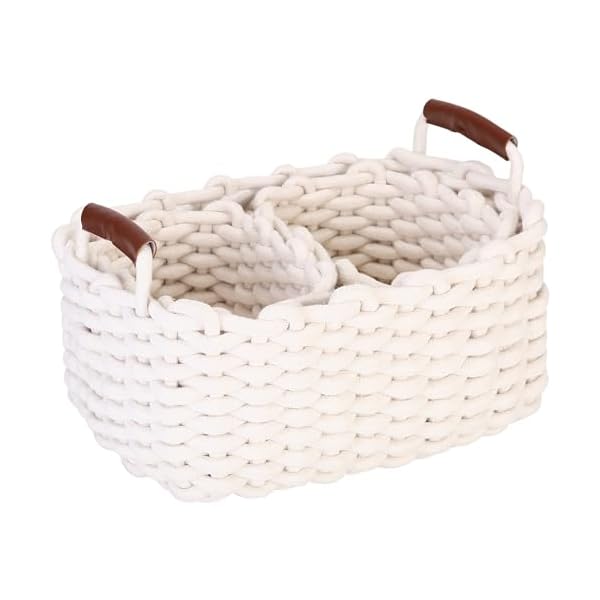 収納バスケット 北欧 カゴ 3点セット コットンロープ 編み込み 積み重ね 手編み 収納かご 籠 収納ケース おもちゃ タオル 小物 雑貨かご 持ち手付き 収納ボックス 卓上用 室内 室外 ウォーターヒヤシンス(ホワイト 35*26*16cm）