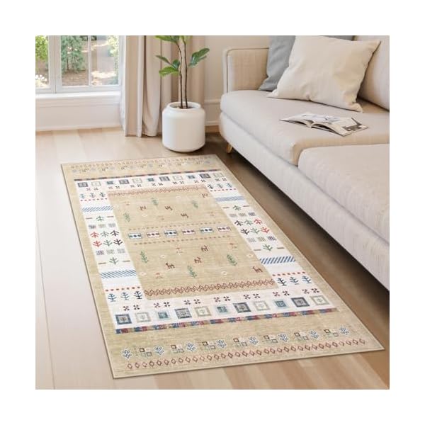 ラグ 春 夏 90х150cm 洗える ラグマット 約1畳 エスニック風 民族 オールシーズン適用 滑り止め 床保護 防音 一人暮らし シェニール ラグ 耐磨耗性 軽量 ギャベ柄 カーキ