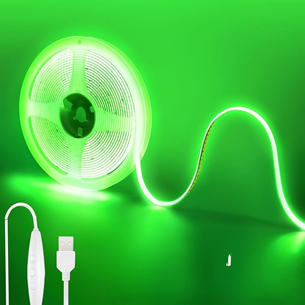 クリアヒル（）5V COB LEDストリップライト 調光可能 2M グリーン LED320個/M 強力な光 幅8mm 非防水IP20 電源コードスイッチ、5段調光、1.5mケーブル DIY 家庭のインテリア用(4)