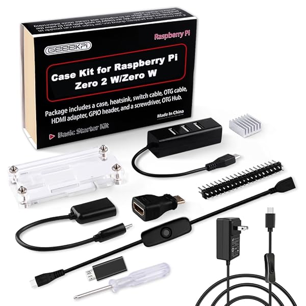 Raspberry Pi Zero 2 Wケースキット（Raspberry Pi Zero 2 Wケース、電源、ヒートシンク、20Pin GPIOヘッダー、4ポートUSBハブ、ON/OFFスイッチケーブル付き、Pi Zero 2 W/Pi Zero用