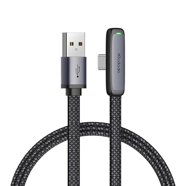 L字型 90度曲げ USB Type-C to USB-A 2.0 ケーブル 1.8m 高耐久 断線防止 ナイロン編み LED表示ライト付き 6A急速充電 高速データ転送 Type-C機器対応 (ブラック, Type-C 対応)