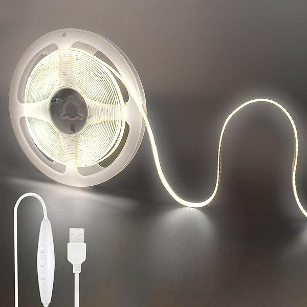 クリアヒル（）5V COB LEDストリップライト 調光スイッチ付き 3M 昼白色 6500K LED320個/M 強力な光 幅8mm 非防水IP20 1.5MUSBスイッチケーブル DIY 家庭のインテリア用