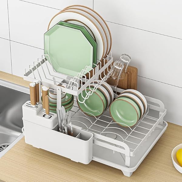 食器水切りラック キッチン 水切り 食器ラック 食器乾燥ラック 自動排水 2段 (ホワイト)