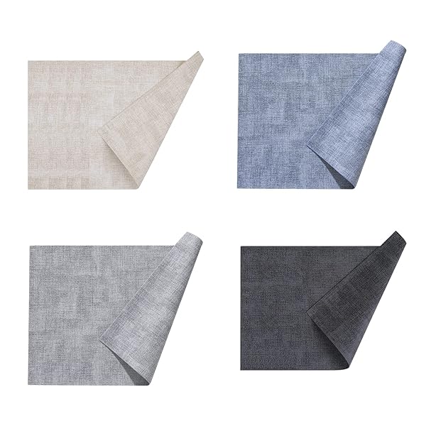 ランチョンマット 高質PUレザー 4枚セット おしゃれ 華やか 飾り 清潔しやすい 家庭用 レストラン用 丸洗いOK 撥水 防汚 断熱 滑り止め （43cm×30cm、4枚セット, ライトグレー、オフホワイト、ブルー、ダークグレー）