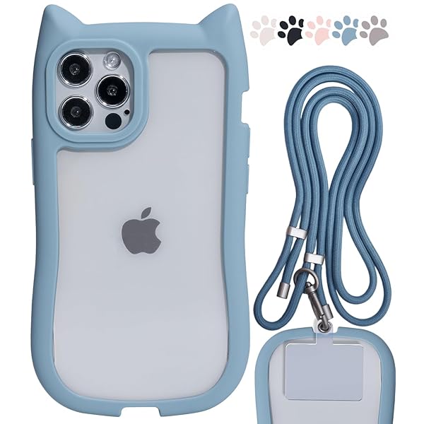 iphone15 ケース 猫耳 可愛い ストラップ付き クリア アイフォン15 ケース ショルダー 肩掛け 首掛け クリアブルー