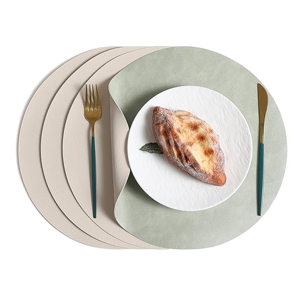 ランチョンマット おしゃれ 革 北欧 洗える 高質PUレザー 円形 4枚セット ランチマット 拭き取り可能 耐熱 抗菌 滑り止め 防水 汚れ防止 食卓の雰囲気アップ 装飾 らんちょうマット 丸 (アボカドグリーン ベージュ 33*33cm）