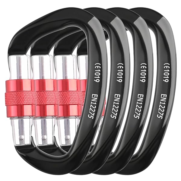 ロックカラビナ 登山釦 超軽量 アルミカラビナ クライミング ロッキンカラビナ ハンモック キャンプ用 セルフロック バックパックフック 脱落防止 (25kNブラック4個)