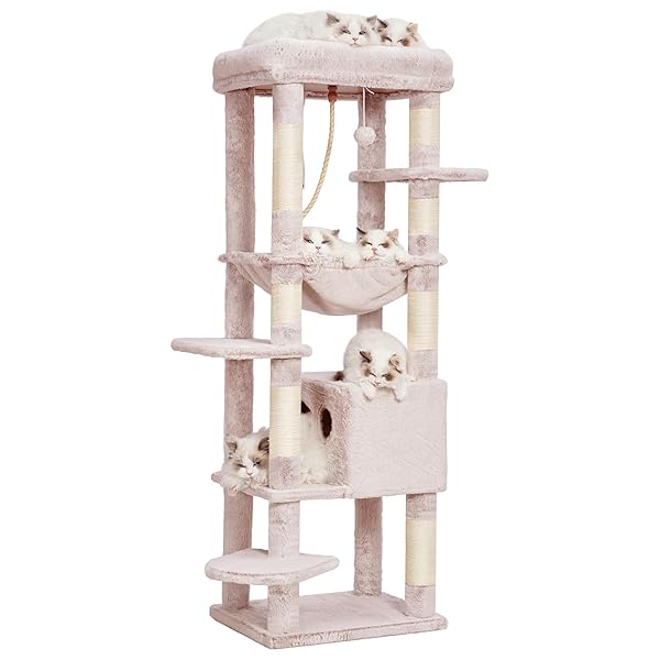 キャットタワー 大型猫用 多頭飼い 超スリム 省スペース 登りやすい ハンモック キャットハウス 大型見晴らし台 麻紐 爪研ぎ棒 高さ153cm ライトブラウン HCT050MU