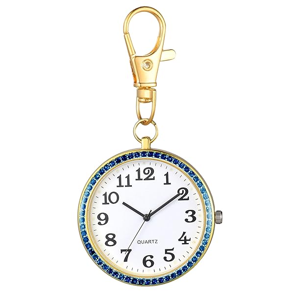 カラビナ 時計 ナースウォッチ 懐中時計 キーホルダー メンズ レディース アナログ ポケットウォッチ ダイヤ トランク 見やすい 日常生活 登山 通勤 クリスマス プレゼント 誕生日 記念日 ゴールド（水色）