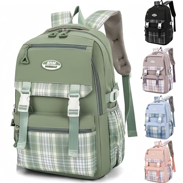 リュック 子供 キッズ リュックサック バッグ かばん 大容量 A4 女の子 男の子 小学生 中学生 通学 通塾 お出かけ 旅行 修学旅行 遠足 チェック柄 可愛い おしゃれ 子供の日 プレゼント (グリーン)