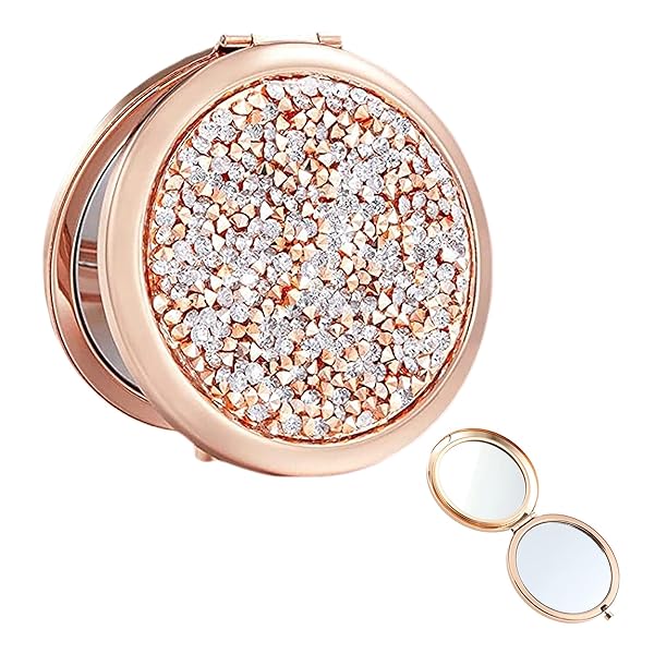 コンパクトミラー 両面鏡 手鏡 2倍 拡大鏡 携帯 メイクミラー 折りたたみ鏡 化粧鏡 女性 超軽量 おしゃれ (ローズゴールド1)