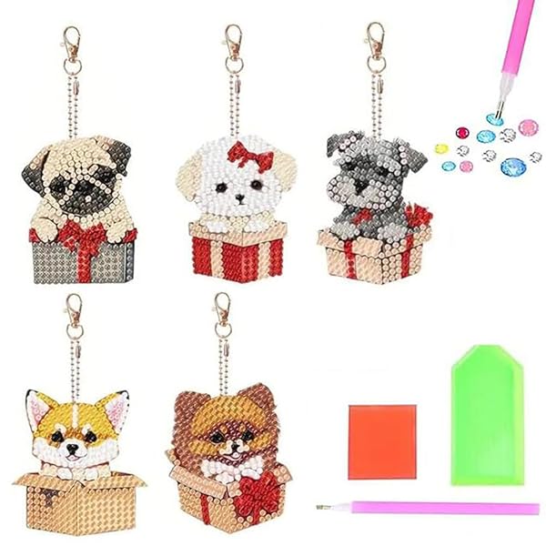 曼荼羅 ダイヤモンドアート キーホルダー 両面全貼り付け ビーズアート 8点セット 塗装キット 可愛い キラキラ 人気 手作りDIY クラフト用品 (犬)