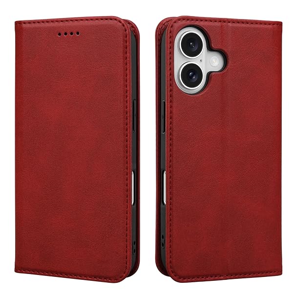 iPhone16 用 手帳型 ケース スタンド機能 マグネット式 カード収納 W1 レッド