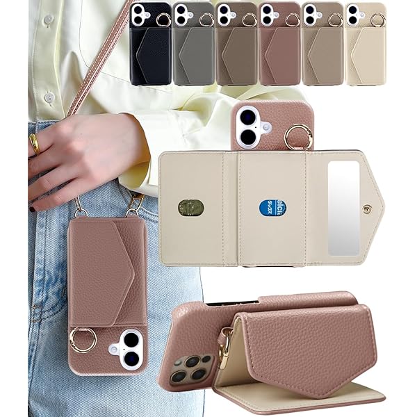 16 ケース カード収納 ショルダー ストラップ付き リング スマホケース 可愛い ミラー アイフォン16 オシャレ あいふおん16 鏡付き アイホン16 スタンド機能 いphone16 ショルダーケース 肩掛け 斜め掛け かわいい スマホカバー あ