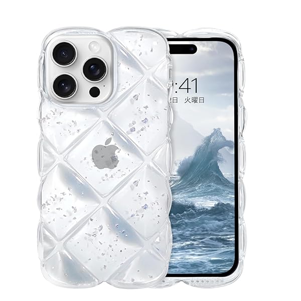 iPhone15ProMax ケース クリア ウェーブ 菱形バック いphone 15ProMax 透明 うねうね ケース TPU キラキラ 菱形 凸凹 アルミ箔シルバー 可愛い 韓国 人気 耐衝撃 超軽量 おしゃれ バンパー ストラップホール付き
