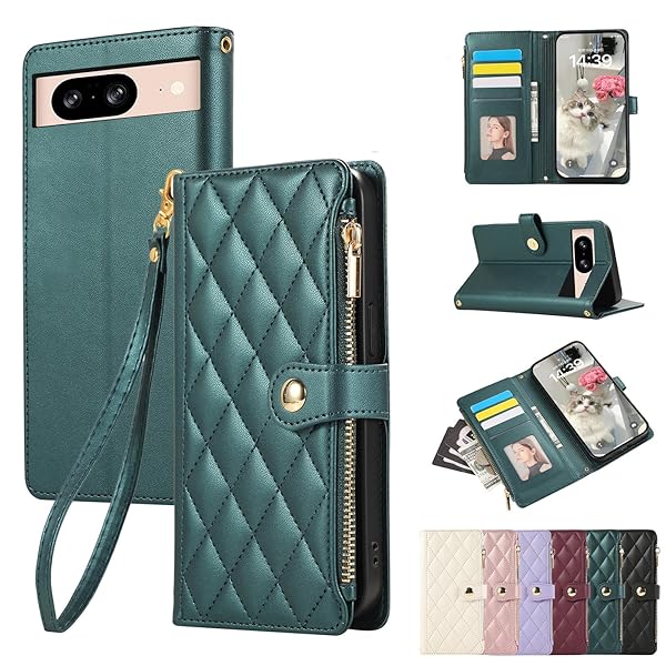 用の google 8 ケース 手帳型 財布型 カバー ファスナー型 小銭入れ 携帯カバー カード収納 刺繍 高級PUレザー 肌触り良い ストラップ付き マグネット式開閉式 スタンド機能 全面保護(グリーン)