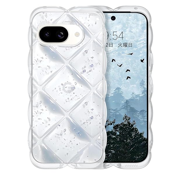 Google Pixe 9A ケース クリア ウェーブ 菱形バック ピクセル 9a うねうね ケース 透明TPU キラキラ 菱形 凸凹 アルミ箔シルバー 可愛い 韓国 人気 スマホケース Pixe9a 耐衝撃 超軽量 おしゃれ バンパー ストラップホ