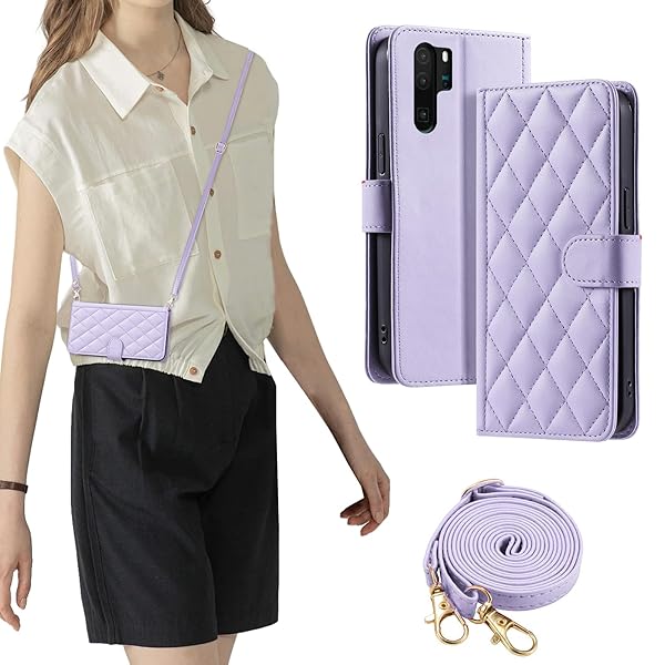 FOR huawei p30 pro ケース 防塵 おしゃれ ストラップ付き スタンド機能 カード収納 軽量 薄型 耐衝撃 高級PUレザー 滑り防止 財布型 内蔵マグネット 開閉式 チェック柄 上質 耐摩擦 マグネット式 肩掛け 斜め掛け-パープル