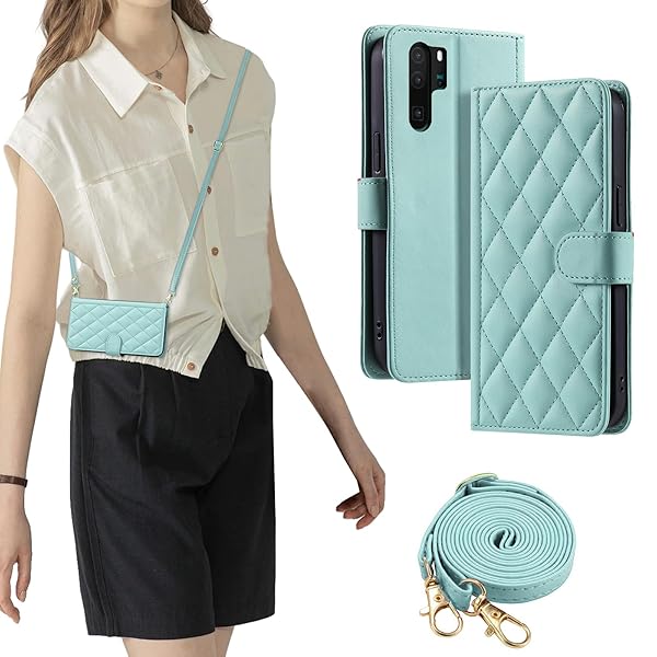 FOR huawei p30 pro ケース 防塵 おしゃれ ストラップ付き スタンド機能 カード収納 軽量 薄型 耐衝撃 高級PUレザー 滑り防止 財布型 内蔵マグネット 開閉式 チェック柄 上質 耐摩擦 マグネット式 肩掛け 斜め掛け-ミントグリ