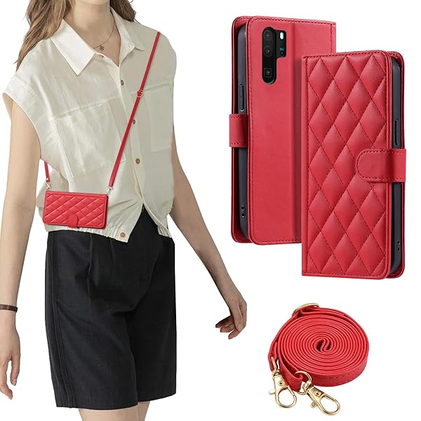 FOR huawei p30 pro ケース 防塵 おしゃれ ストラップ付き スタンド機能 カード収納 軽量 薄型 耐衝撃 高級PUレザー 滑り防止 財布型 内蔵マグネット 開閉式 チェック柄 上質 耐摩擦 マグネット式 肩掛け 斜め掛け-レッド