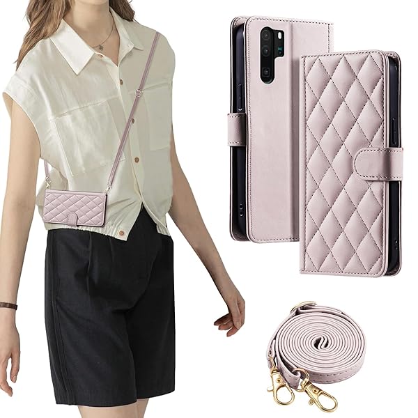 FOR huawei p30 pro ケース 防塵 おしゃれ ストラップ付き スタンド機能 カード収納 軽量 薄型 耐衝撃 高級PUレザー 滑り防止 財布型 内蔵マグネット 開閉式 チェック柄 上質 耐摩擦 マグネット式 肩掛け 斜め掛け-ピンク