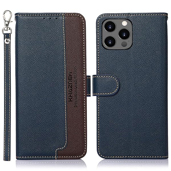 For iPhone 14 Pro ケース 手帳型 アイフォン 14 プロ カバー 財布型 ストラップ付き [RFIDブロッキング] 高級PUレザー マグネット開閉式 カード収納 横置きスタンド機能 耐衝撃 人気 便利 おしゃれ ブルー