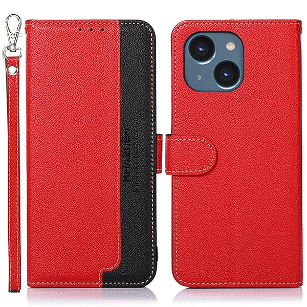 For iPhone 14 ケース 手帳型 アイフォン 14 カバー 財布型 ストラップ付き [RFIDブロッキング] 高級PUレザー マグネット開閉式 カード収納 横置きスタンド機能 耐衝撃 人気 便利 おしゃれ レッド